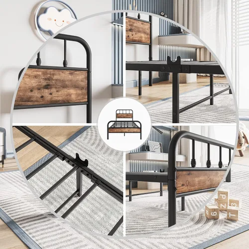Miniatura 4 de Base de cama de metal con listones de acero resistente, tablero de mesa y estribo, no necesita somier, fácil montaje para sala de estar