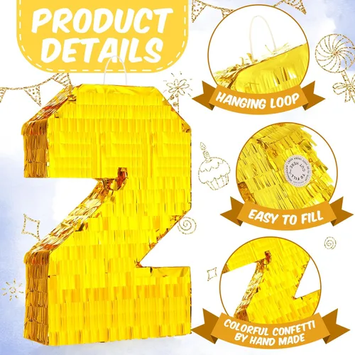Miniatura 7 de Sratte Piñata - Decoraciones de fiesta de cumpleaños, piñata de lámina dorada con palo, confeti para niños y niñas, cumpleaños, aniversario