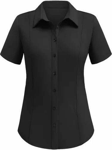 Miniatura 3 de HOTOUCH Camisas con botones para mujer, manga corta, elástica, sin arrugas, blusas formales de trabajo, blusas de verano, tallas S-2XL