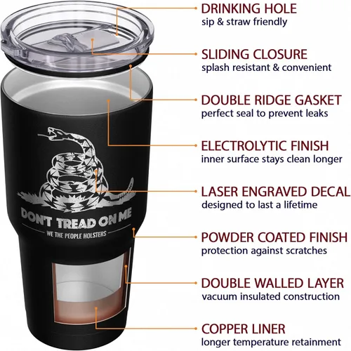 Miniatura 5 de We The People Holsters - Vaso térmico de 30 onzas, Gadsden - Bandera de Dont Tread On Me, Negro