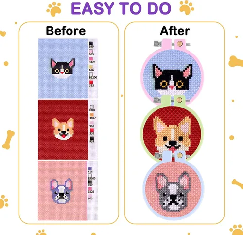 Miniatura 4 de Caydo 5 piezas de kits de punto de cruz para niños con patrones de gatos y perros, kits de punto de cruz estampados para principiantes, llavero DIY