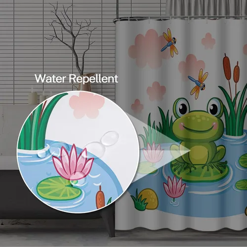 Miniatura 4 de Emvency Cortina de ducha azul con dibujos animados de rana sentada en estanque estilo infantil lago con animales, tela de poliéster impermeable