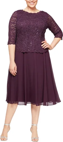 Alex Evenings Women's Tea Length Embroidered Bodice Mother of The Bride Gown, Wedding Guest Dress