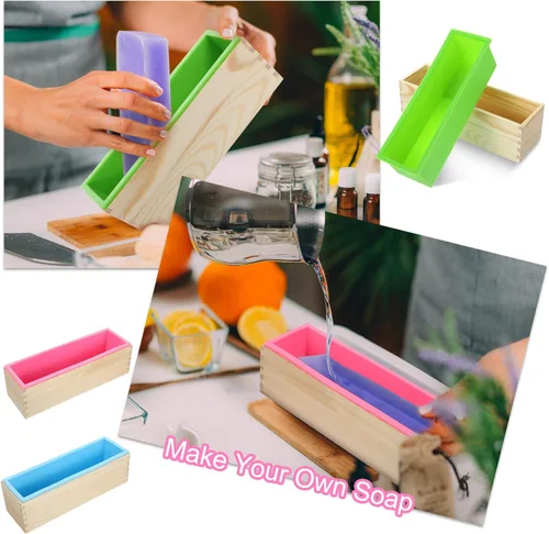 Miniatura 5 de 3 moldes para hacer jabón con bandeja de caja de madera, moldes rectangulares flexibles de silicona para jabón para manualidades caseras