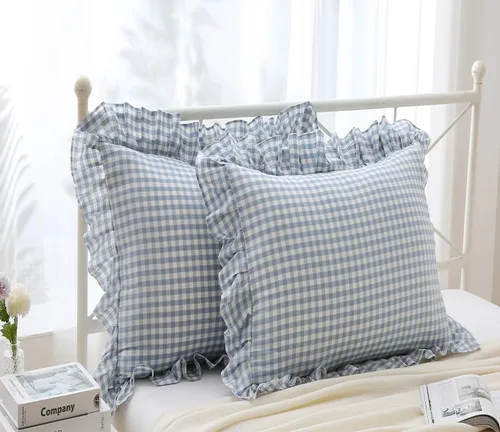 Miniatura 33 de Fundas de almohada cuadradas a cuadros en blanco y negro con volantes, fundas de almohada a cuadros, fundas de almohada de gingham, fundas