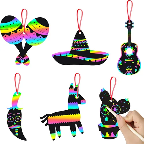WATINC Juego de 60 tarjetas de rascar de fiesta mexicana para niños y adultos, decoraciones de fiesta del Cinco de Mayo, kit de manualidades mágicas