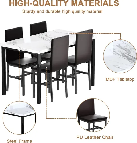 Miniatura 8 de Juego de 4 mesas de comedor para 4, juego de 4 mesas y sillas de cocina de mármol sintético, juego de mesa de comedor moderno con 4 sillas de cuero