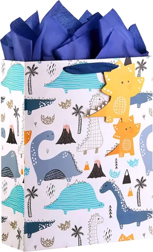 SUNCOLOR Bolsa de regalo de dinosaurio extragrande con papel de seda azul y etiqueta de regalo, 15.7 x 12.6 x 5.7 pulgadas, asas de cinta,