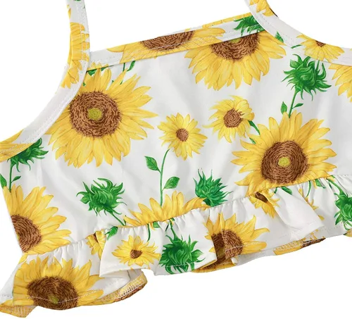 Miniatura 2 de Conjunto de traje de verano de 2 piezas con estampado de girasol, parte superior corta con volantes y pantalones cortos de cintura elástica