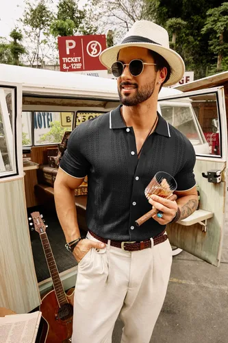 Miniatura 2 de GRACE KARIN Polo de punto transpirable para hombre, camisas con botones de bolos ahuecados