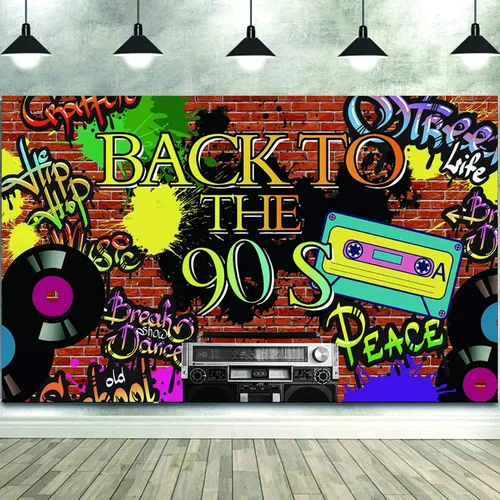 Miniatura 2 de Fondo de fotografía de fiesta temática de los años 90 Hip Hop 90th Graffiti pared de ladrillo Fondo de fotos de vinilo de 5x3 pies Retro Radio Prom