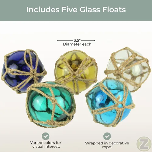 Miniatura 5 de Juego de 5 flotadores de pesca de cristal inspirados en la costa con detalles de cuerda, encantadores adornos náuticos de estilo antiguo