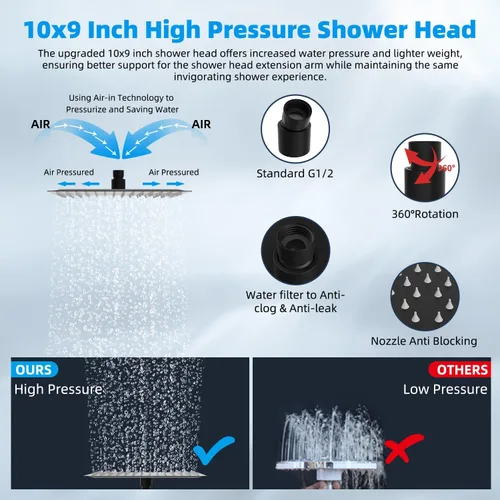 Miniatura 6 de Hibbent Todo Metal 10" Combo de Cabezal de Ducha de Lluvia Filtrado Dual, Cabezal de Ducha de Mano de Alta Presión con Brazo de Extensión Ajustable