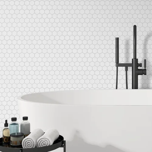 Miniatura 5 de Protector contra salpicaduras de 10 hojas hexagonales para despegar y pegar, 11.42" x 11.42" mosaico de mármol autoadhesivo de panal blanco