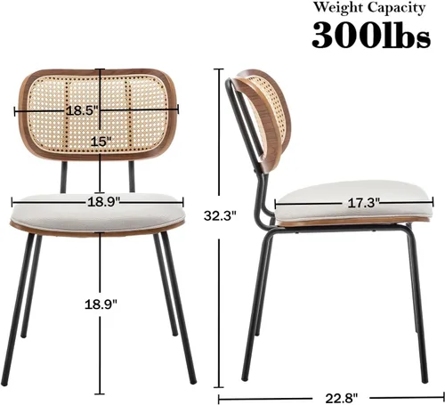 Miniatura 2 de Juego de 2 sillas de comedor de ratán, sillas de comedor modernas de mediados de siglo con respaldo de caña para cocina y comedor, tela de 19 beige