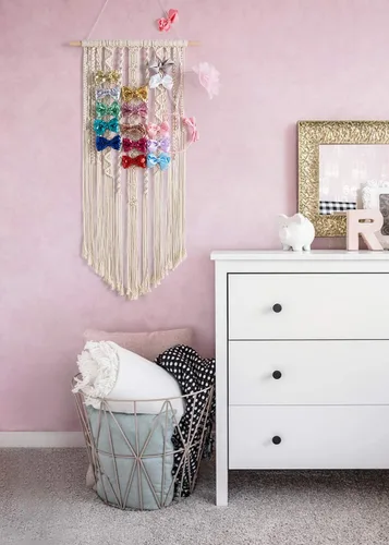 Miniatura 2 de Mkono Organizador de lazos de macramé para niñas, colgante para lazos de pelo, organizador de lazos Boho para pared, soporte para diademas