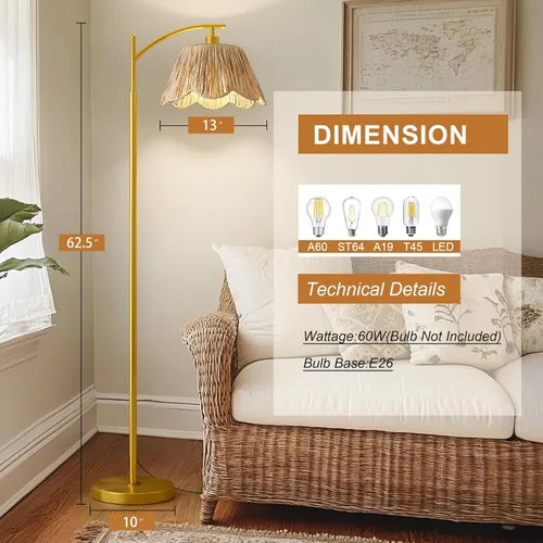 Miniatura 4 de Oneach Lámpara de pie arqueada para sala de estar, lámpara de pie de ratán boho con pantalla tejida a mano, interruptor a pedal, base y poste de Oro