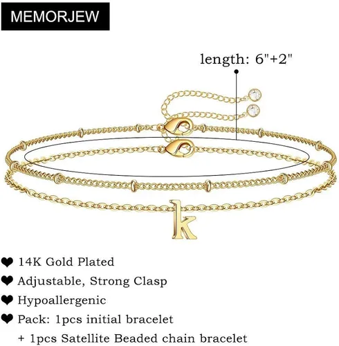 Miniatura 2 de Memorjew Pulseras con iniciales para mujer, chapados en oro de 14 quilates, pulseras con iniciales en capas para mujeres y niñas, regalos
