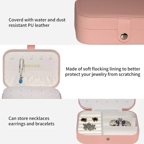 Miniatura 2 de Smileshe Joyero estuche de viaje portátil pequeño de piel sintética organizador de 2 capas caja de almacenamiento para anillos aretes collares