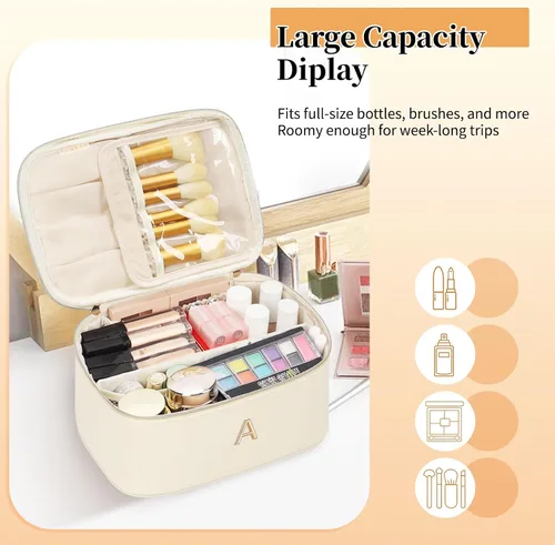 Miniatura 8 de OCHEAL Bolsa de maquillaje personalizada, bolsa de maquillaje beige para mujer, kit de aseo de viaje con monograma, organizador de cosméticos listo