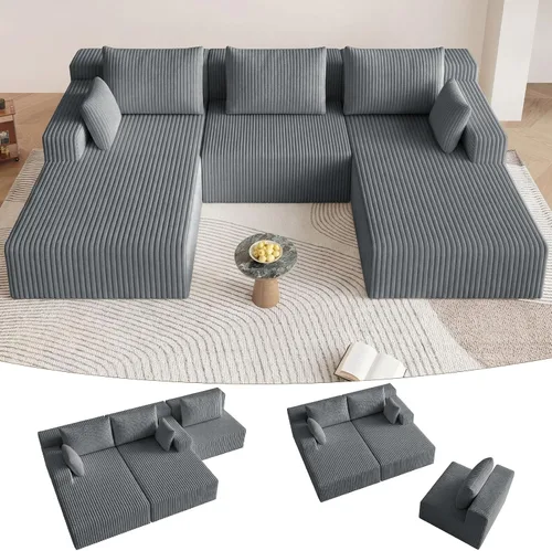 Miniatura 64 de Sofá modular de 95 pulgadas con otomana, moderno sofá nube de pana con asiento profundo, sofá sin hueso tapizado de 3 plazas en forma de U para sala