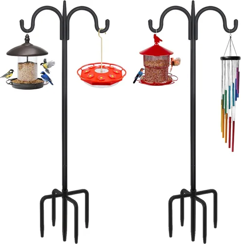 Miniatura 7 de FEED GARDEN Gancho de pastor doble ajustable para exteriores con base de 5 puntas de 63 pulgadas, poste resistente de comedero de pájaros de dos