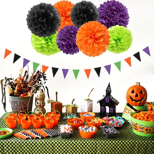 Miniatura 4 de Decoraciones de Fiesta de Halloween Negro-Morado Naranja Verde - 30 piezas Pompones de Papel Tissue, Serpentinas, Guirnalda de Borlas, Pancarta