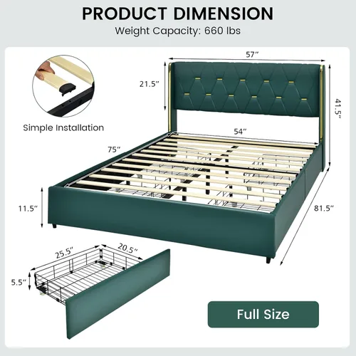 Miniatura 2 de Giantex Base de cama tapizada con 4 cajones, cama de piel sintética de tamaño matrimonial, marco de cama resistente sin ruido, fácil montaje, sin
