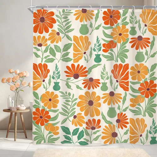 Newsely Cortina de ducha bohemia abstracta colorida floral de 72 pulgadas de ancho x 72 pulgadas de largo, vintage, retro, floral, naranja, verde,