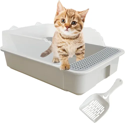 Caja de arena abierta para gatos con lado alto, bandeja antisalpicaduras para gatos, inodoro para gatitos con cuchara, arena extraíble semicerrada