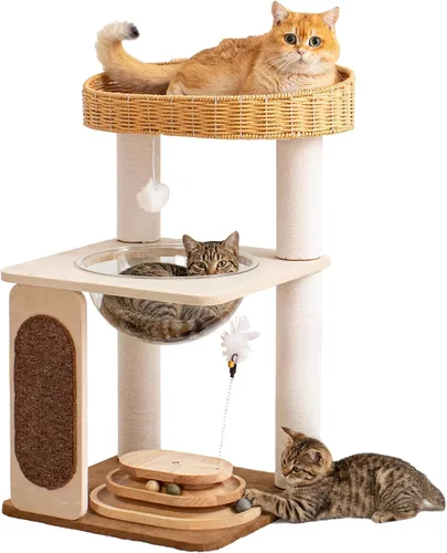 Miniatura 10 de Árbol de madera para gatos grandes, torre moderna para gatos con estantes anchos, postes rascadores de algodón, base súper resistente, perchas