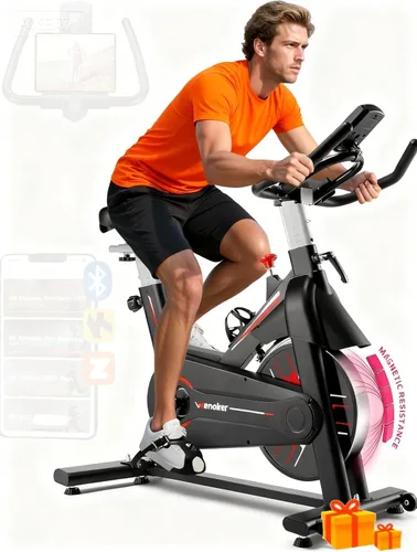 Exercise Bike, Wenoker Stationary Bike for Home App Sync Indoor Bike with Adjustable Seat and Multi-grips Handlebar, Transport Wheels and Fitness
