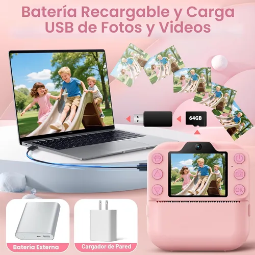 Miniatura 6 de Cámara para niños de impresión instantánea, juguetes para niños pequeños, regalos de Navidad y cumpleaños para niñas y niños, cámara digital Rosa