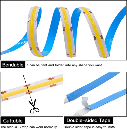Miniatura 6 de Tira de luces LED COB flexible, 3.3 ft/3.3 pies de cuerda de luces LED COB flexible DC 5V 320 LEDs/m blanco cálido 3000K no impermeable USB cinta