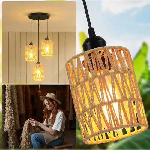 Miniatura 2 de Lámpara Colgante de Ratán de 3 Luces, Lámpara Colgante Bohemia de Granja con Pantallas de Mimbre Tejidas a Mano para Comedor, Isla de Cocina