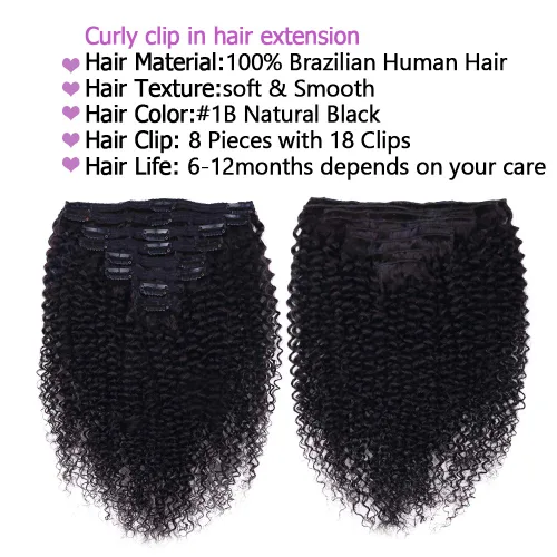Miniatura 4 de Extensiones de cabello humano rizado con clip, 3C 4A, rizado con clip, cabeza completa, para mujeres negras, cabello humano brasileño Remy