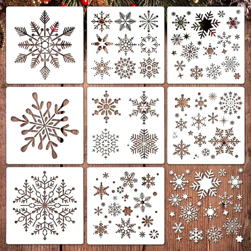 8 plantillas de copo de nieve de Navidad PET grandes plantillas de pintura de invierno reutilizables plantillas de vacaciones delicadas copos de
