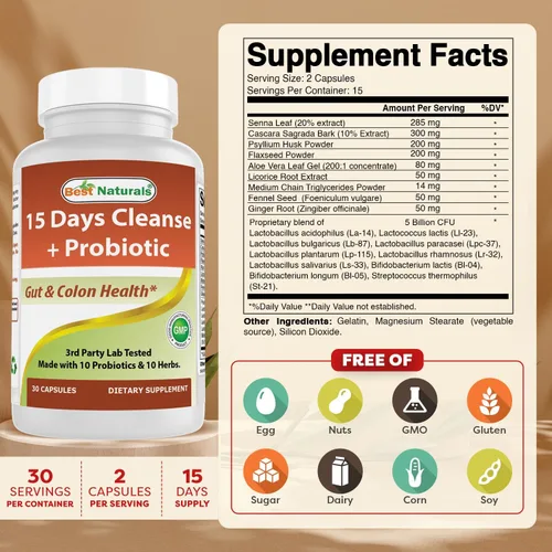 Miniatura 2 de Best Naturals Limpieza intestinal y colon durante 15 días + probióticos para mujeres y hombres con Senna, cáscara sagrada y cáscara de psyllium - 30