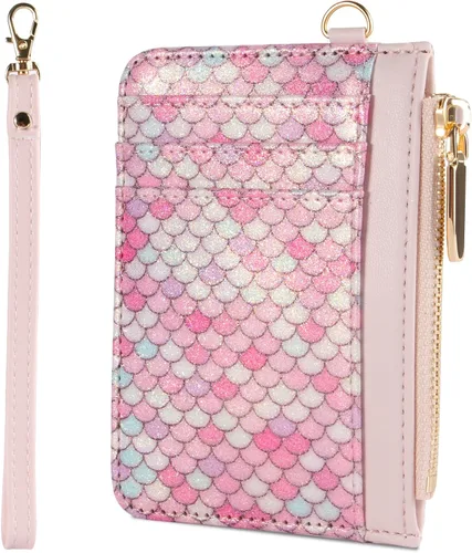 Miniatura 11 de Cartera pequeña de cuero con protección RFID de sirena para tarjetas de crédito, cartera delgada con correa para la muñeca con bolsillo