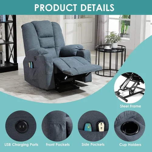 Miniatura 5 de MEETWARM Silla reclinable eléctrica para personas mayores con calefacción por vibración, masaje de tela suave, con 2 controles remotos, puertos USB
