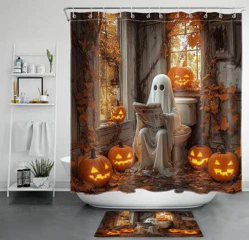 Miniatura 13 de LB Cortina de ducha de feliz Halloween para baño, flamenco rosa y calabaza naranja con sombrero mágico, cortina de ducha de tela con ganchos, juego
