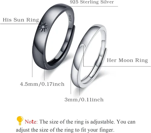 Miniatura 6 de Juego de 2 anillos de compromiso para parejas de sol y luna, 2 piezas de plata de ley 925, anillos ajustables a juego, anillos de compromiso
