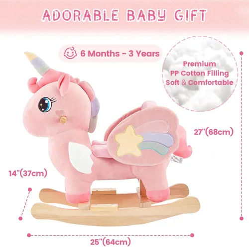 Miniatura 5 de FUNLIO Caballo mecedor de unicornio para bebé, caballo mecedor de unicornio rosa para niños pequeños de 6 meses a 3 años, balancín de animales
