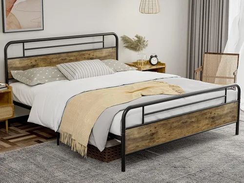 Miniatura 9 de IKIFLY Base de cama California King con cabecero de madera, cama de plataforma de metal California King, listones de acero resistente
