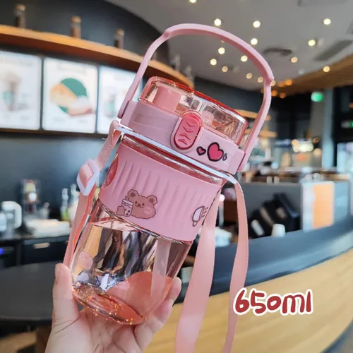 Miniatura 2 de Botella de agua kawaii con pajita, botella de agua portátil de plástico de gran capacidad con bonitas calcomanías (rosa, 23.1 fl oz)
