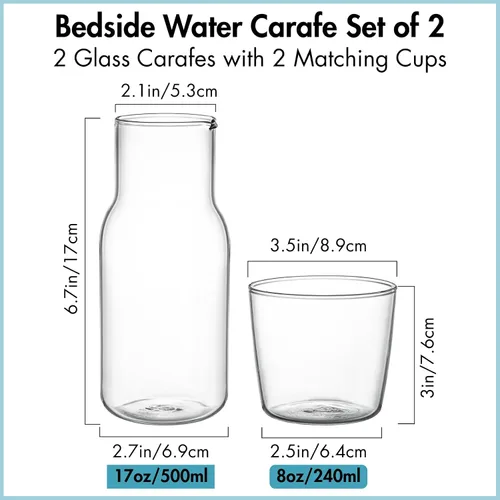 Miniatura 2 de YOUEON Juego de 2 jarras de agua y vasos de 17 onzas, jarra de agua para mesita de noche con tapa de taza, botella de jugo y enjuague bucal