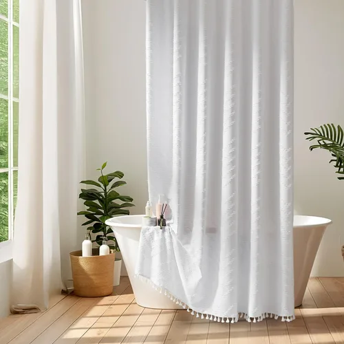 Miniatura 9 de Siiluminisoy Cortina de ducha estilo bohemio con borlas blancas, cortina de ducha tejida de 60 x 72, moderna, estilo rústico, texturizada, con A