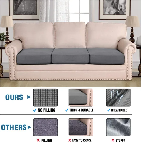 Miniatura 5 de H.VERSAILTEX Fundas Individuales de Cojines de Asiento de Alta Elasticidad Paquete de 3 Tela Jacquard Texturizada de Sarga Gruesa Fundas de Sofá Gris