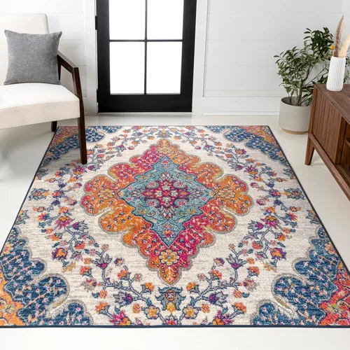 JONATHAN Y Alfombra Bohemio estilo vintage azul/multicolor para interior, 4x6, medallón con estilo bohemio, floral, de fácil limpieza, de alto