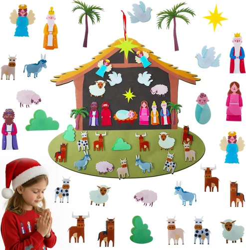 Enhon Juego de árbol de Navidad de fieltro para bricolaje, Nacimiento de fieltro con 29 piezas de adornos desmontables, decoración de Navidad para